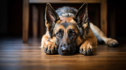 Sad german shepherd dog on wooden floor.