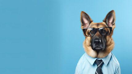 Cool looking german shepherd dog teacher wearing a shirt and tie. on wooden floor. - obrazy, fototapety, plakaty