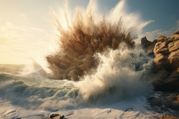 A wave crashing against rocks, illustrating the resilience and adaptability required in shaping and refining concepts. Concept of conceptual resilience. Generative Ai.