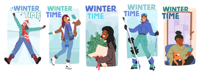 Winter Time Banners With Female Characters. Young Girls In Warm Attire, Twirl Through The Snow, Skating, Making Angel