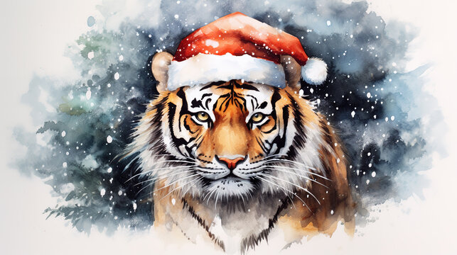 Watercolor painting of tiger wearing Santa hat for christmas festival.