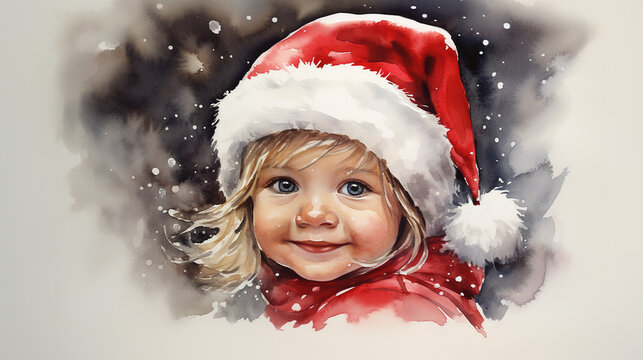 Watercolor painting of young baby girl wearing santa hat for christmas festival.