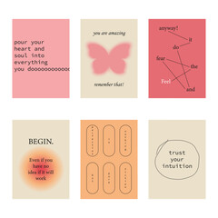 Set of positive social media quotes, motivation posters on trendy abstract background in neutral colors.