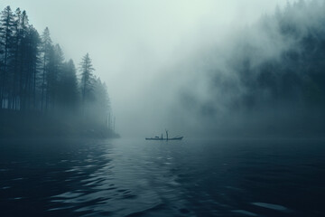 Thick fog enveloping a tranquil lake, creating an ethereal and mysterious atmosphere. Concept of atmospheric mystique. Generative Ai. - obrazy, fototapety, plakaty