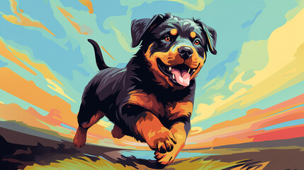 Adorable Rottweiler puppy dog running in pop art style illustration. Colorful minimal vector art.