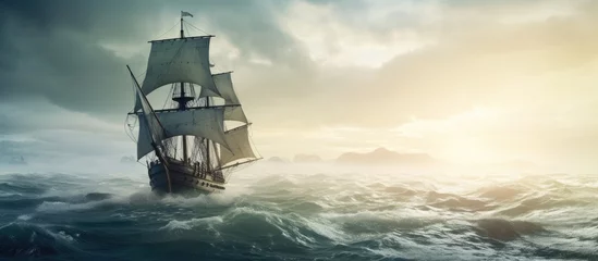 Deurstickers Aged vessel with pale sails, navigating the ocean. © 2rogan
