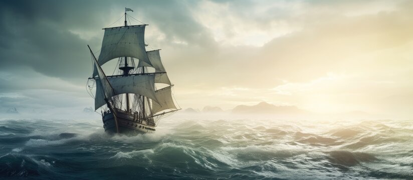 Aged vessel with pale sails, navigating the ocean.