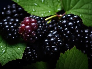 Cluster of plump and juicy blackberries fresh and delicious, nestled leaves and bathed in soft natural light.