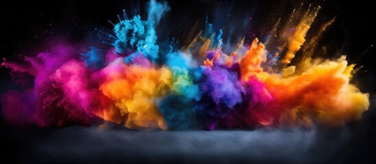 Colorful Holi festival with abstract powder explosion on black background.