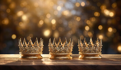 tres coronas doradas de los reyes magos de oriente sobre fondo bokeh dorado - obrazy, fototapety, plakaty