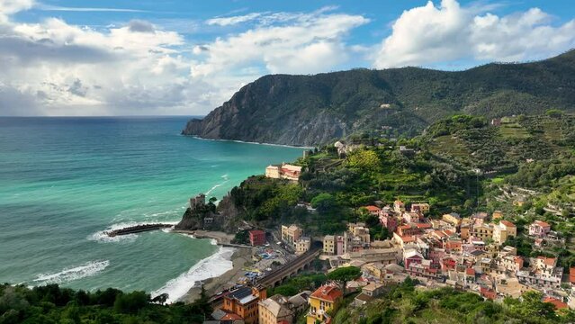 Aerial view of Monterosso a village in the province of La Spezia, Liguria region.Italy. Cinque Terre villages.