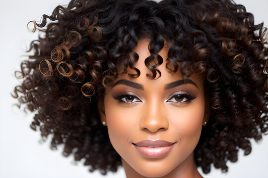 Mulher jovem negra com maquiagem e cabelos cacheados  beleza modelo