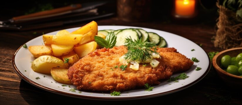 Classic fried schnitzel served with potato and cucumber salad on a rustic modern plate with room for text