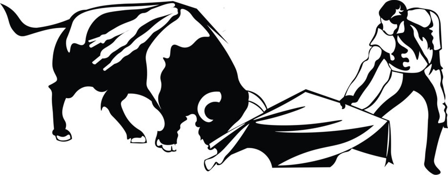 Cartoon Black and White Isolated Illustration Vector Of A Bull Charging at a Bullfighter Holding A Muleta