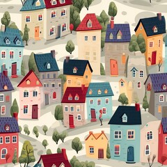 Enchanting Village Pathways: Whimsical Cobblestone and Colorful Houses Seamless Pattern