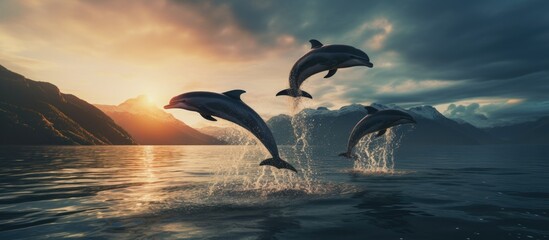 Dolphins leaping from water together.