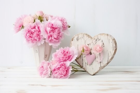 Flowers in a vase peonies and roses soft pastel color on wooden background. Beautiful composition. Valentine's Day, Easter, Birthday, Happy Women's Day, Mother's Day. View copy space
