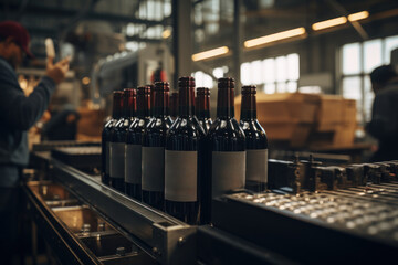 A family-owned winery bottling and labeling their own wine products. Concept of small-scale wine...
