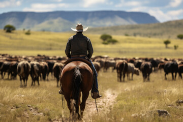 A rancher herding cattle on horseback in the open prairie. Concept of cattle ranching and livestock management. Generative Ai.