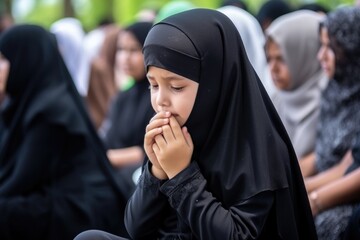 Little muslim girl wearing a chador crying at a funeral