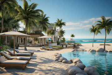 Fototapeta na wymiar A resort pool with a sandy beach entrance, simulating a coastal experience. Concept of beachside relaxation. Generative Ai.