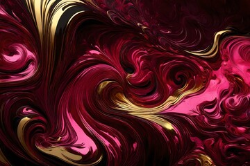 A painting with pink, gold and black swirls, in the style of dark scarlet and light gold, liquid minimalist-core, use of precious materials, meticulous design, dark sanguine and pink, velvet - red and