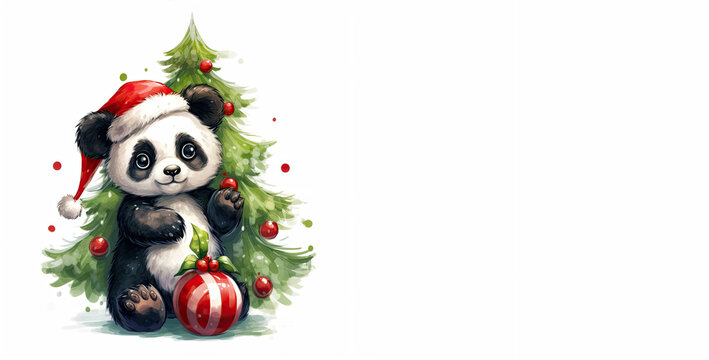 Cute panda in a red cap with gifts near the green Christmas tree. Free white space for copying text. The concept of Christmas