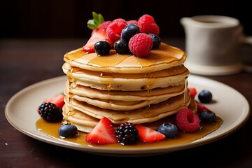 Stack of fluffy pancakes drizzled with maple syrup and fresh berries on top.