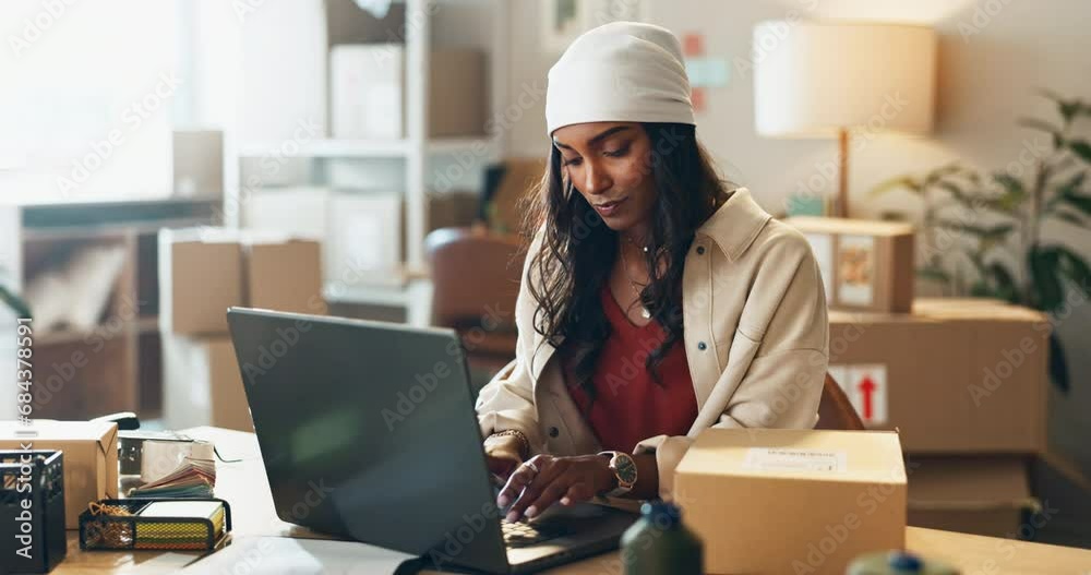 Poster work from home, woman and order logistics for online work with ecommerce and website research. femal
