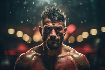 A stoic tough guy in a boxing ring, preparing for a championship match. Concept of boxing and determination. Generative Ai.