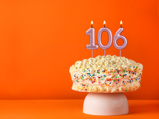 Birthday card with candle number 106 - Vanilla cake in orange background