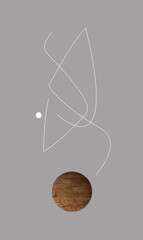 A unique minimalist silhouette of a shrimp made of several thin strict lines. Line art. The composition includes a round element cut from a photo of a wooden background. Vertical image, copy space