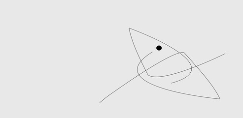 A unique minimalist silhouette of a shrimp made of several thin strict lines. Line art. Horizontal image. Copy space