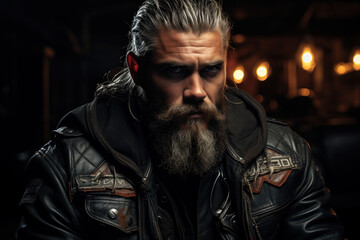 Obraz premium A biker tough guy covered in tattoos and leather, showcasing his rebellious attitude. Concept of motorcycle culture. Generative Ai.