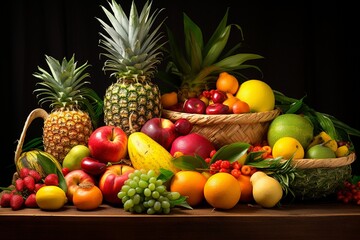Vibrant assortment of tropical fruits like mangoes, pineapples, and kiwis.