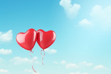 Two helium balloons in the shape of a heart are flying in the blue sky and among the white clouds. Poster and banner Valentine's Day