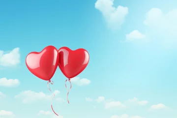 Papier Peint photo Ballon Two helium balloons in the shape of a heart are flying in the blue sky and among the white clouds. Poster and banner Valentine's Day