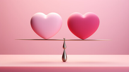 Two hearts on a scale for Valentine's day with pink background