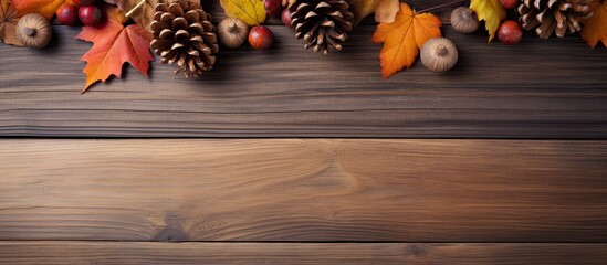 Fall foliage with pinecone and acorn on wooden surface