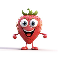 cartoon strawberry toy with animated arms and legs, clipart fruit isolated on white with a charming smiley face