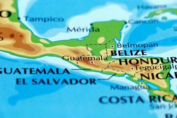 world map of south and north america, with guatemala, belize and honduras in close up