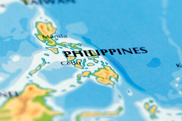 world map of asian country philippines, manila and cebu cities in close up
