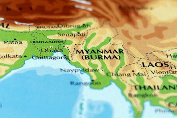 world map of asia countries, myanmar or burma, bangladesh in close up