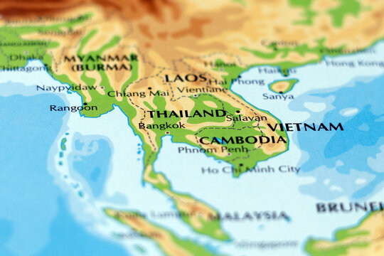 world map of southeast asia, thailand, vietnam, cambodia, laos in close up