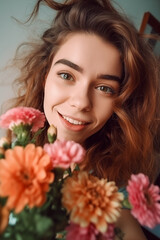 Naklejka premium Young woman making selfie with flowers. Generative AI