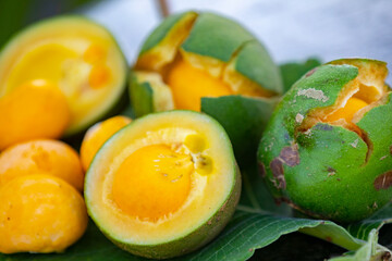 Typical ripe pequi fruit (caryocar brasiliense) in fine details and selective focus. Typical fruit of the Brazilian cerrado bioama.