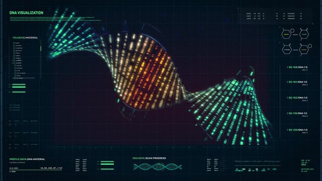 Researching the composition of the genetic cells using futuristic software. Studying the human genetic cells for biological research. Researching the structure of the genetic code cells.