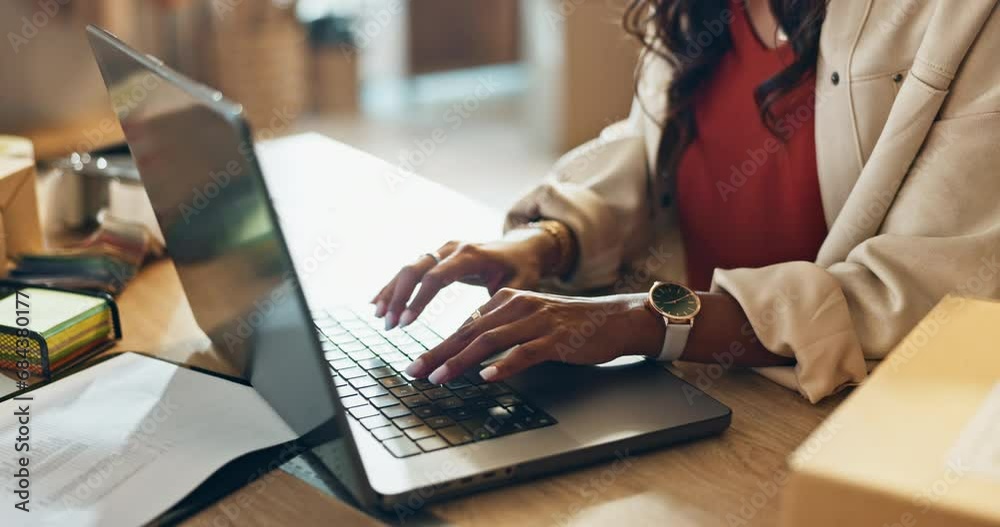 Poster Remote work, woman hands and laptop typing with digital job and freelancer with programming. House, computer and app database with research and planning with web developer project and marketing