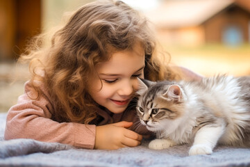 Young girl playing with a cat
