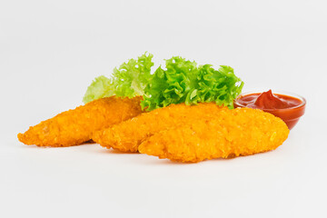 Chicken Breaded Fillet.Fast food. Breaded Chicken Inner Fillet on a White Background,Chicken Breaded Raw Meat. Fast cooking. Breaded chicken nuggets. Homemade food at home.